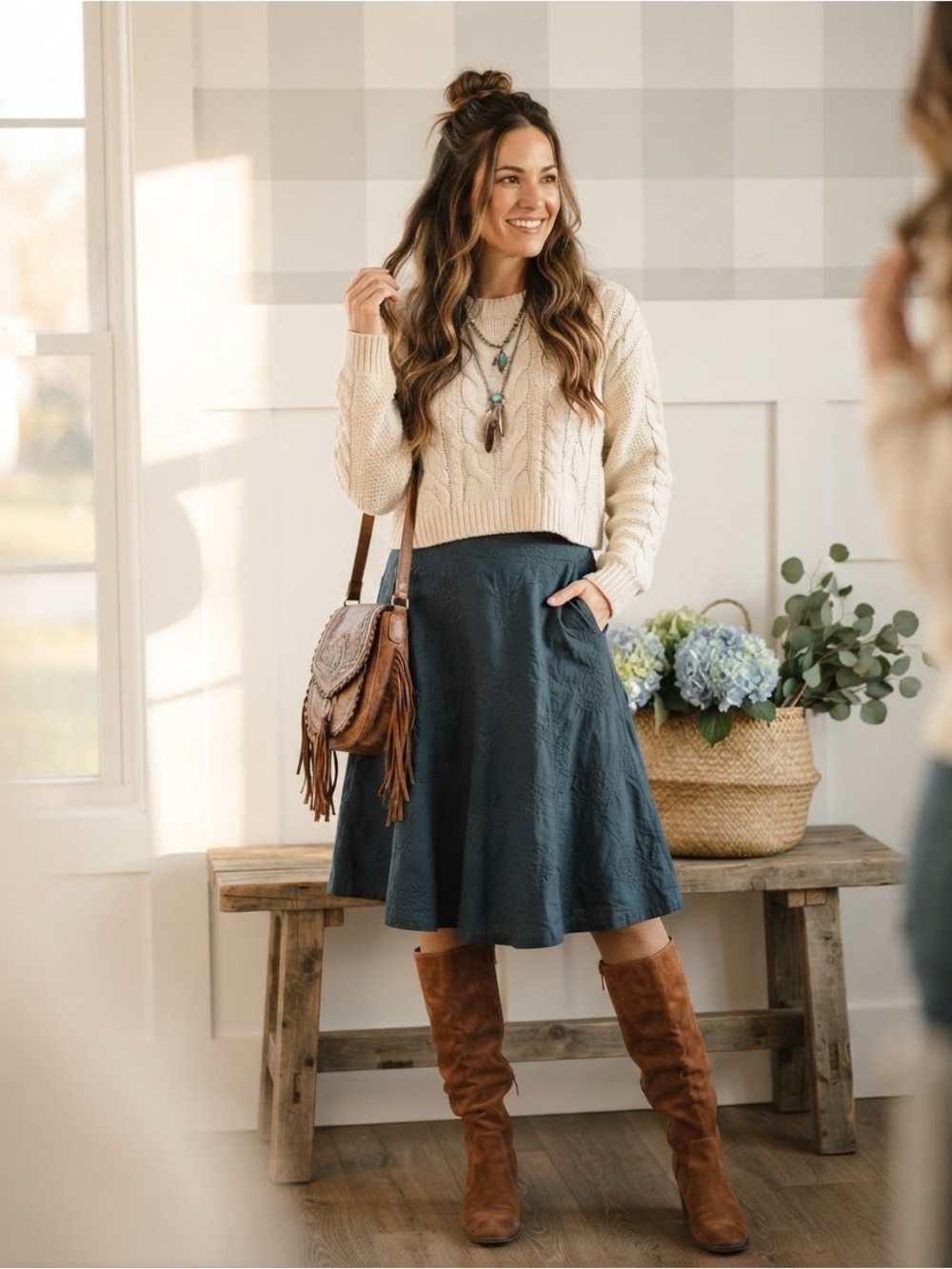J. Jill Navy Embroidered A-Line‎ Maxi Skirt 12P